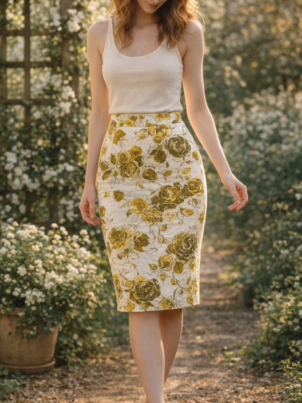 Susan Bristol Floral Skirt Size 4 Yellow Green A-Line Textured Cotton KneeLength
